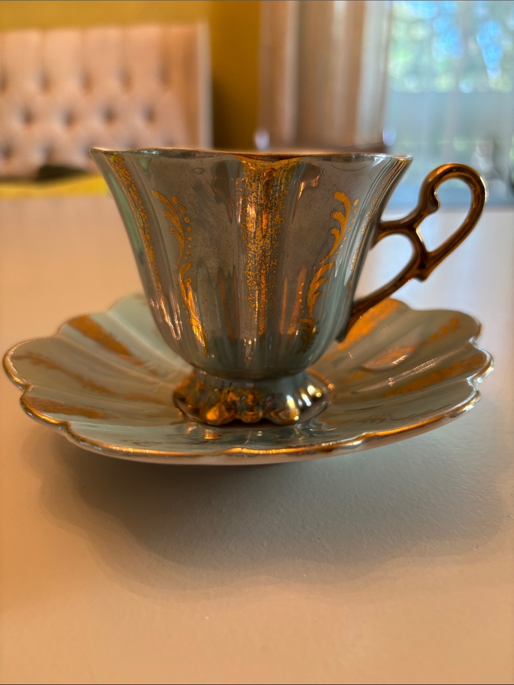Stafford Japan Lustrewear Gold-Trimmed Pale Blue Porcelain Teacup and Saucer